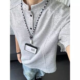 高街解构设计感polo衫 boxy亨利领短袖 美式 cleanfit半袖 T恤男夏季