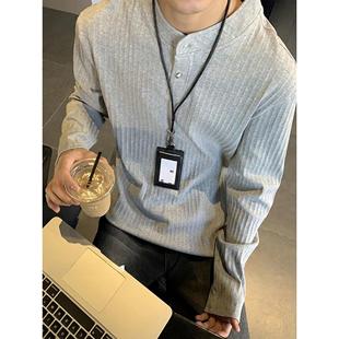 内搭打底衫 老钱风正肩卫衣boxy美式 t恤男秋季 灰色纽扣亨利领长袖