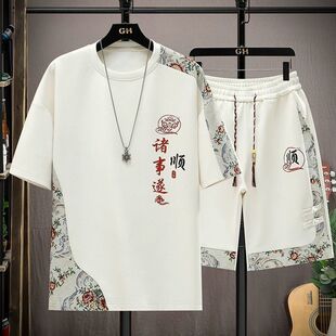 中国风潮流时尚 男士 休闲薄款 短袖 运动两件套学生 夏季 T恤短裤 套装