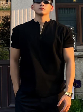 黑色华夫格亨利领t恤衫男款夏季美式潮流短袖显肌肉运动健身半袖