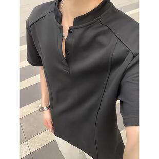 高街半袖 黑色亨利领t恤男夏季 高级感痞帅美式 polo衫 boxy立领短袖