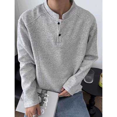 美式亨利领长袖t恤男款秋季短宽boxy立领卫衣cleanfit打底衫潮牌