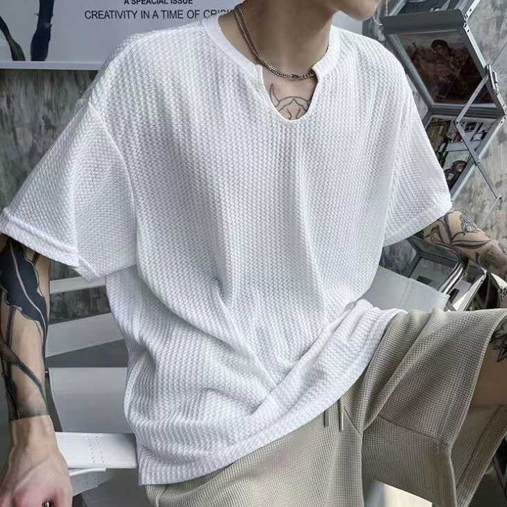 夏季设计感短袖T恤男ins港风潮牌宽松华夫格上衣小众高级凹凸领潮