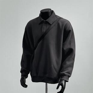 华夫格美式休闲POLO领春秋卫衣男女简约百搭纯色宽松长袖上衣服潮