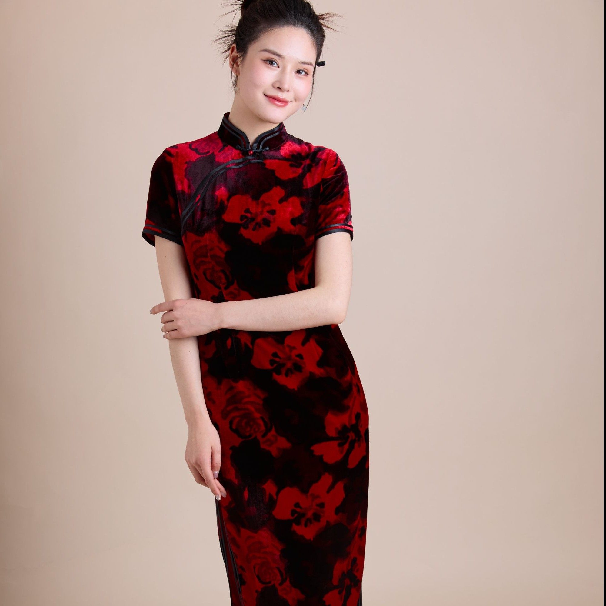 妈妈装富贵牡丹旗袍 复古真丝丝绒立领 中国风雍雅显贵日常宴请款