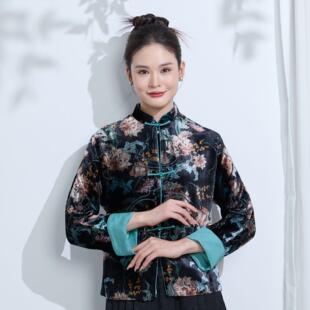 妈妈装琉璃月华上衣 烂花绒肌理 手工盘扣牡丹花外翻袖韵味十足