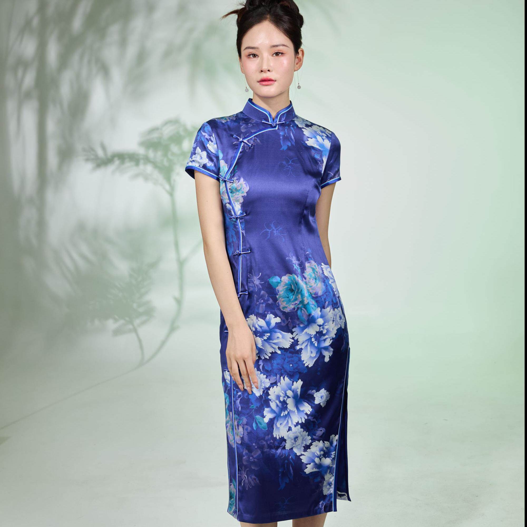 新中式桑蚕丝真丝印花中国风复古立减龄好看领旗袍妈妈装