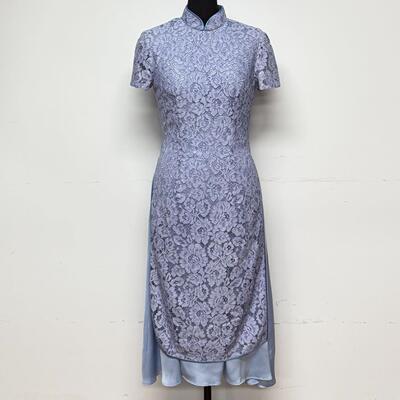 中式国风改良浅蓝镂空连衣裙