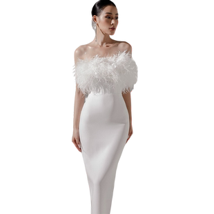 露锁骨抹胸华丽感轻奢鸵鸟毛流苏设计白色包臀连衣裙长裤小礼服