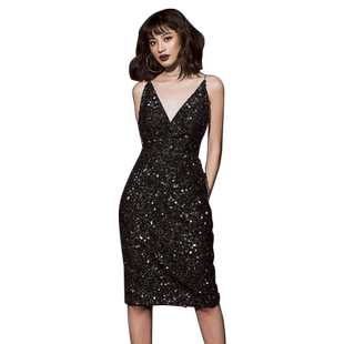 黑色晚宴裙小礼服裙赫本风性感露背亮片吊带裙轻奢亮闪闪连衣裙