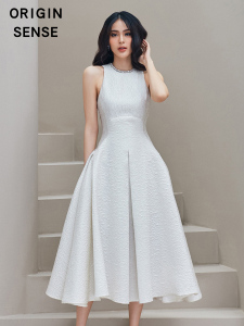 新品圆领无袖超大摆领证简约小白裙OL通勤女神修身显瘦气质连衣裙