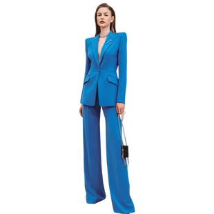 ORIGIN SENSE/知觉之门高档精品气场女王范彩兰色深V西装两件套装