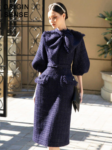 ORIGIN SENSE/知觉之门秋冬小香风粗纺藏蓝色淑女气质高档连衣裙