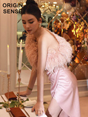 知觉 流光派对 系列重磅醋酸缎鸵鸟毛粉色party流苏开叉轻礼服