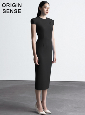 ORIGIN SENSE/知觉之门大气简约小圆领垫肩气场女王高级感小黑裙