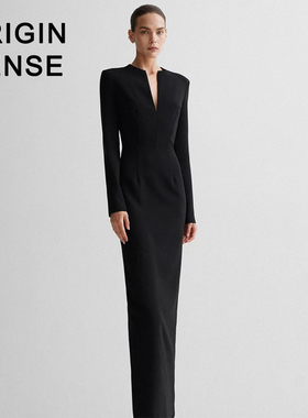 优雅知觉之门春季新款黑色极简纯色设计长款气质垂感内搭连衣裙