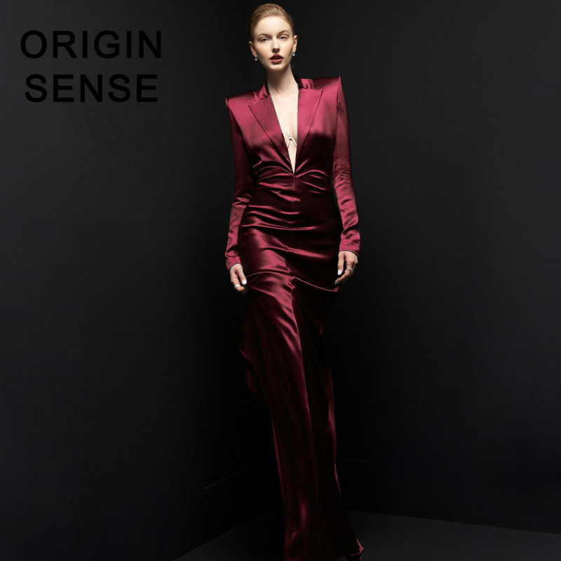 知觉“优雅永恒”系列进口三醋酸缎酒红色V领长袖气场宴会晚礼服