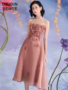 抹胸小性感蝴蝶结烫钻立体装饰公主粉色仙气欧根纱A字飘逸连衣裙