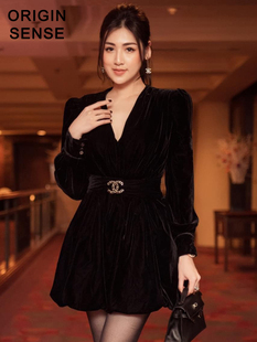 早秋精品黑色真丝绒V领气质小贵妇风长袖束腰显瘦短款蓬蓬连衣裙