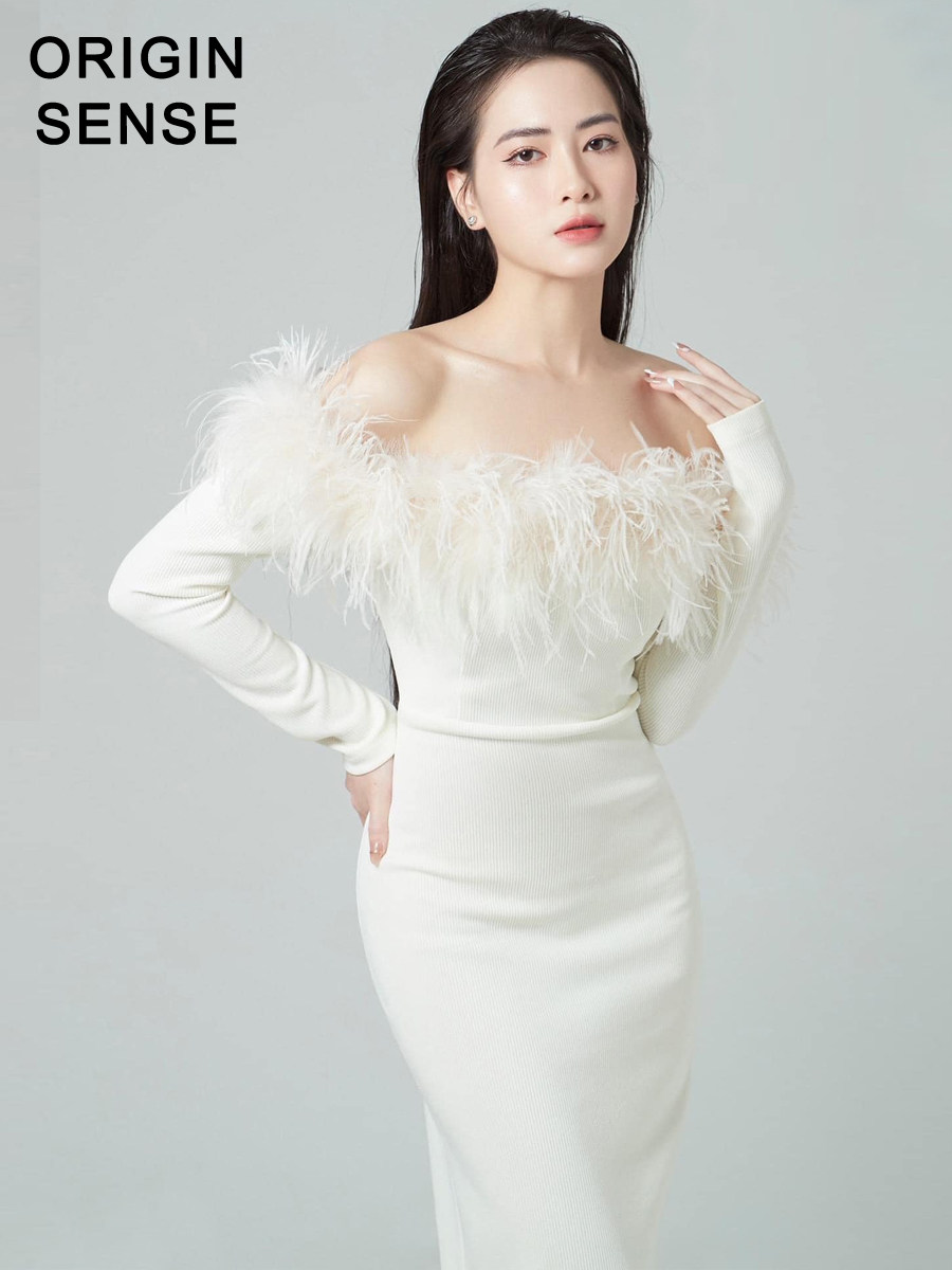 高档女装优雅性感鸟毛装饰轻奢纯白色包臀针织性感包臀长款小礼服
