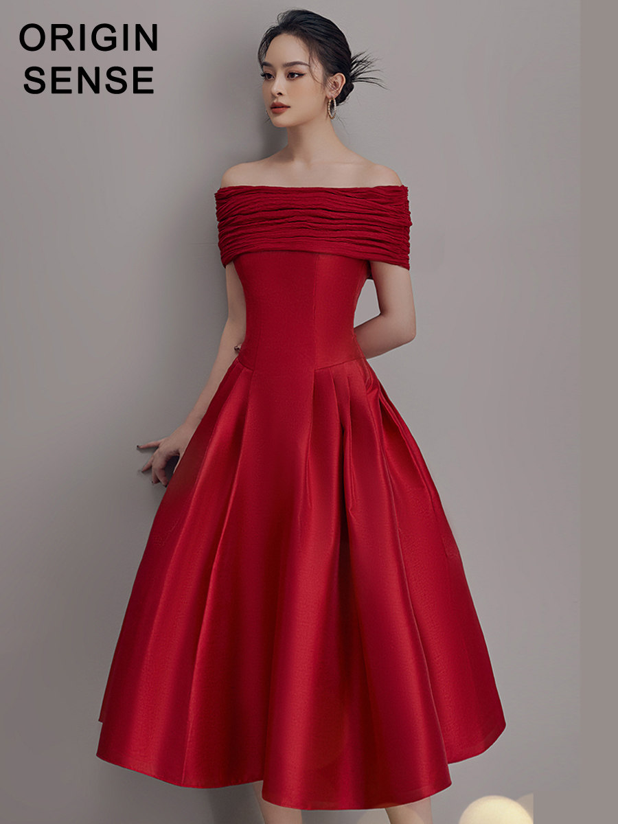 高档洋气抹胸露锁骨性感富贵气质修身显瘦超大摆安可拉红色长礼服