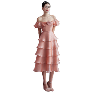 一字肩粉色连衣裙仙女女小礼服裙长款蛋糕裙名媛连衣裙高端气质