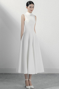 小众设计师精致高档名媛气质端庄高龄纯白色长款大摆A字连衣裙