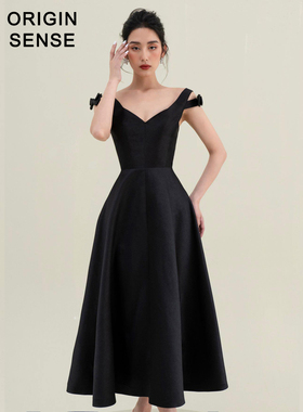ORIGIN SENSE/知觉之门宽领口高冷气质缎面仿丝大摆裙黑色小礼服