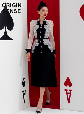 小众设计端庄V领优雅蕾丝拼接显气质高档职场OL精英女装黑连衣裙