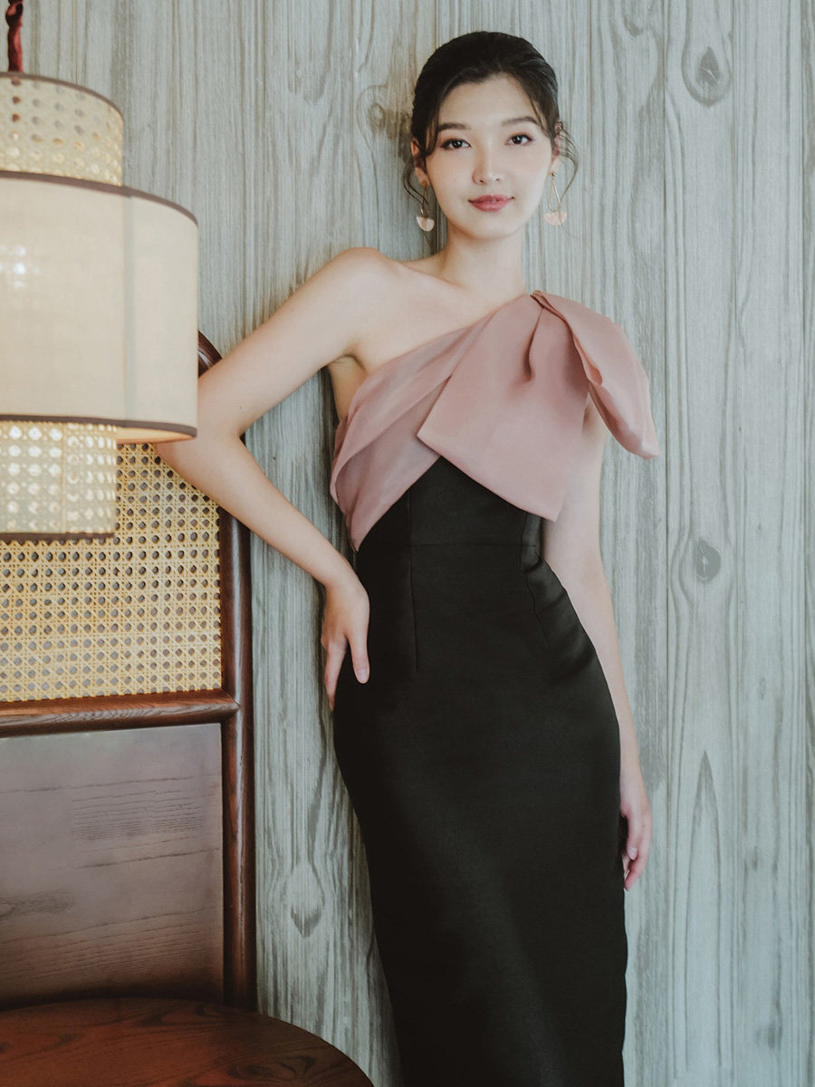 夏季新品蝴蝶结拼接斜肩修身显瘦中长款开叉礼服连衣裙