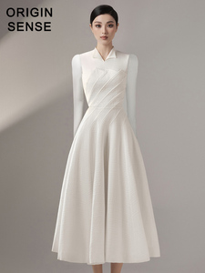 假两件不对称轻奢高档精品长袖纯白色大摆公主礼服长款连衣裙