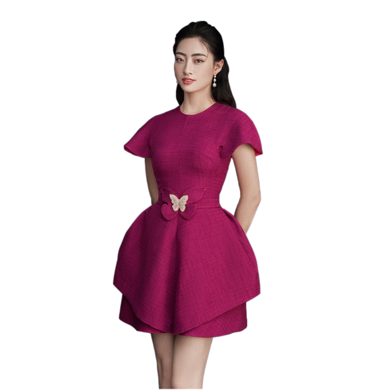 玫红色小礼服高级感连衣裤蓬蓬裙