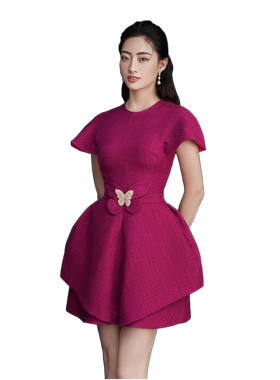玫红色小礼服高级感连衣裤蓬蓬裙
