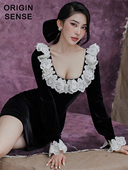 秋冬新品 轻奢华丽蕾丝拼接宫廷风喇叭袖 淑女公主风黑色丝绒包臀裙