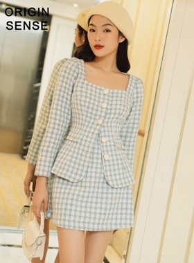 ORIGIN SENSE/知觉之门小个子温柔风粉蓝色格子粗纺小香风两件套