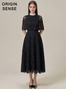 精致立领高档定制气质水溶蕾丝斗篷遮手臂显瘦优雅长款黑色连衣裙