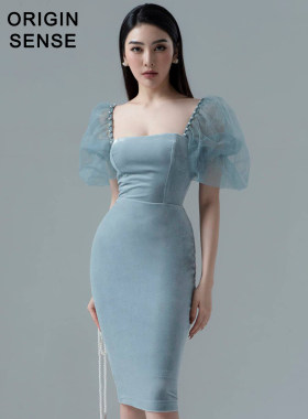 丝绒领口性感复古礼服包臀贵妇