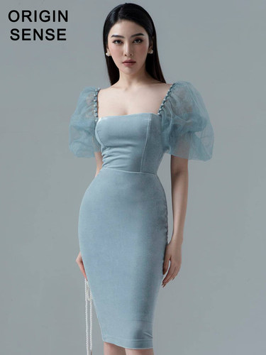 丝绒领口性感复古礼服包臀贵妇