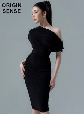 ORIGIN SENSE/知觉之门不对称露肩性感闪丝黑色优雅包臀S型礼服裙