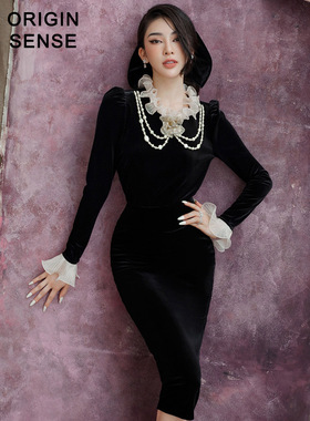 珍珠装饰华丽宫廷风真丝绒木耳边喇叭袖气质包臀打底黑色优雅长裙