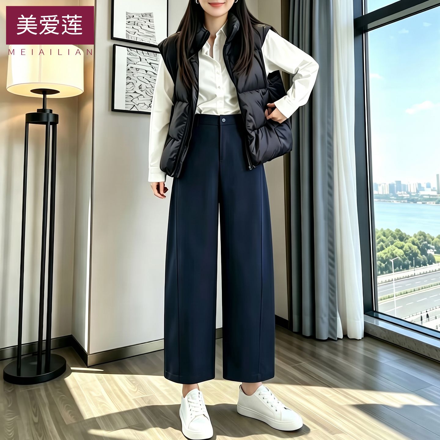 高腰九分军绿阔腿显瘦小个子裤