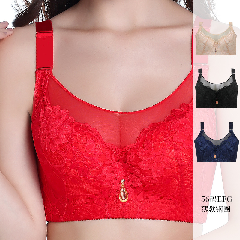 跨境大码钢圈防下垂内衣女200斤收副乳文胸薄款聚拢EF杯大胸显小