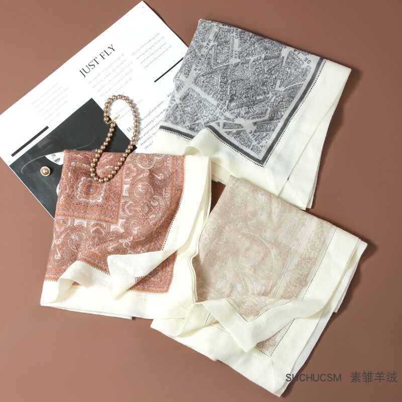 SUCHU素雏 欧美古典贵气印花羊绒方巾女春夏冬薄款佩斯利围巾披肩