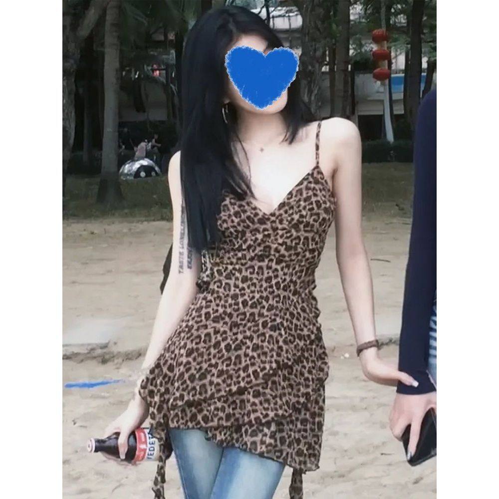 新夏季美式辣妹风豹纹露背吊修身显瘦纯欲短款外穿性感上衣女