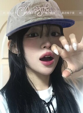 韩国ins博主平沿绣花拼色棒球帽女复古美式街头显脸小鸭舌帽子男