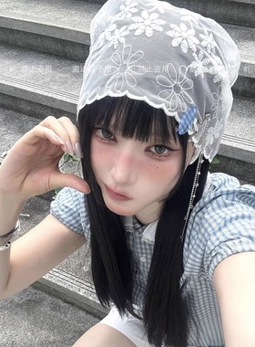 韩国ig博主同款简约白色蕾丝头巾女春夏季薄款绑发包头三角巾发饰
