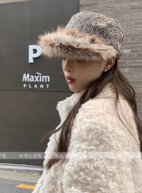 韩国小众设计师款仿皮草帽檐马术帽女高级感复古平顶帽报童帽秋冬