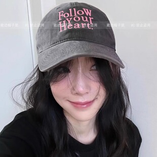 韩国Follow your Heart英文刺绣软顶棒球帽女复古洗水遮阳鸭舌帽