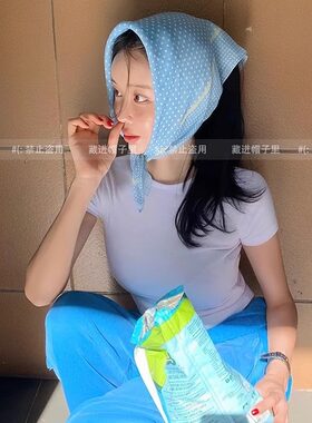 韩国博主款蓝色包头巾女春夏新款高级感发带透气小方巾头巾三角巾