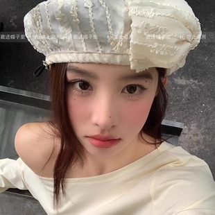 透气气质画家帽子潮 韩国25春夏蕾丝蝴蝶结贝雷帽女士ins复古薄款